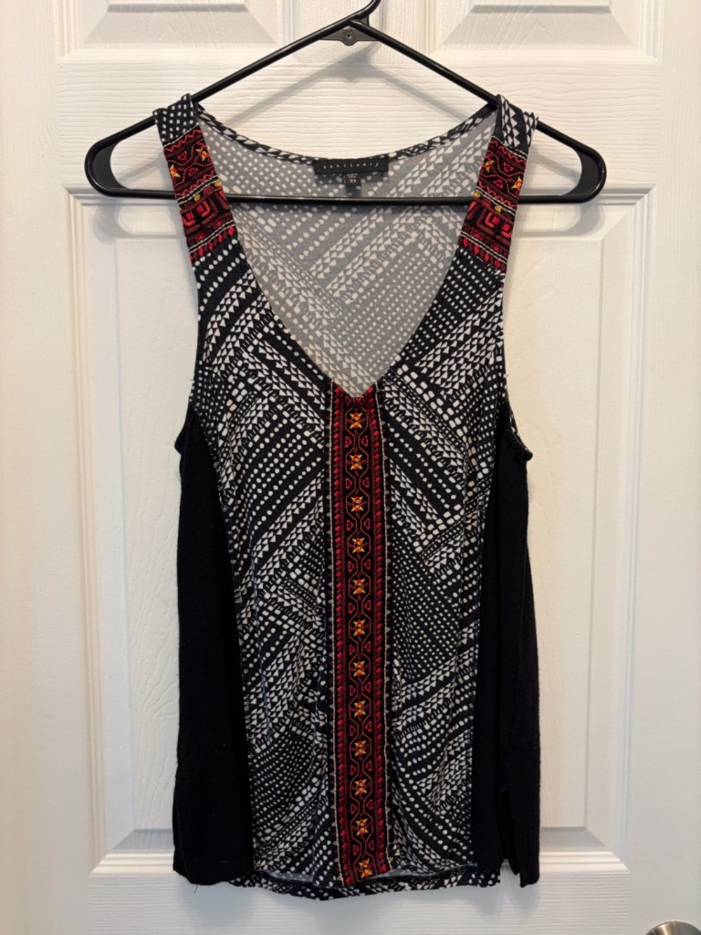 Sanctuary Black & White Pattern Tank with Red Embroidered Stripe